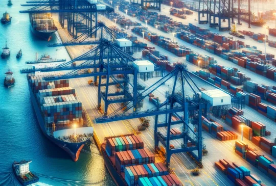 DALL·E 2024-03-05 18.05.56 - A bustling international shipping port with large cargo ships being loaded and unloaded, containers neatly stacked in rows, and cranes towering over t